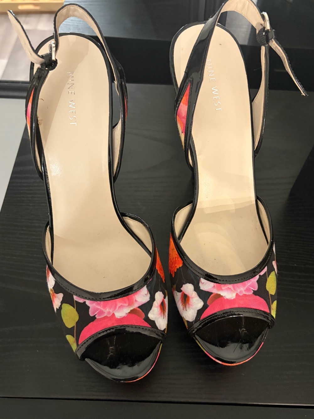 Nine West Black Floral Peep-Toe Slingback Heels with Pink & Green Accents